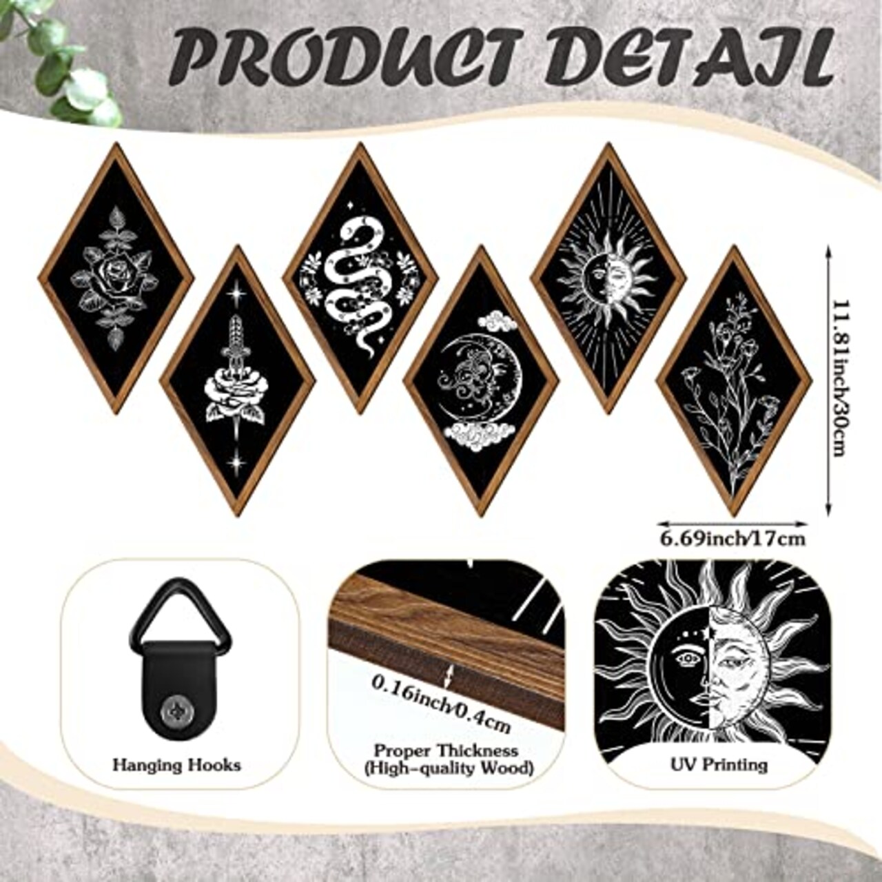 6 Pieces Boho Wall Decor Sun Moon Phases Wall Art Gothic Minimalist Stars Sun Wall Hanging Boho Wooden Home Decor Farmhouse Wall Pediments for Gallery Living Bedroom Room (Rhombus)